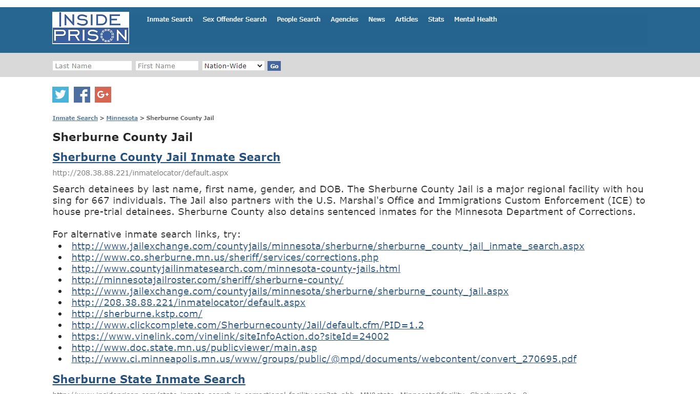 Sherburne County Jail - Minnesota - Inmate Search